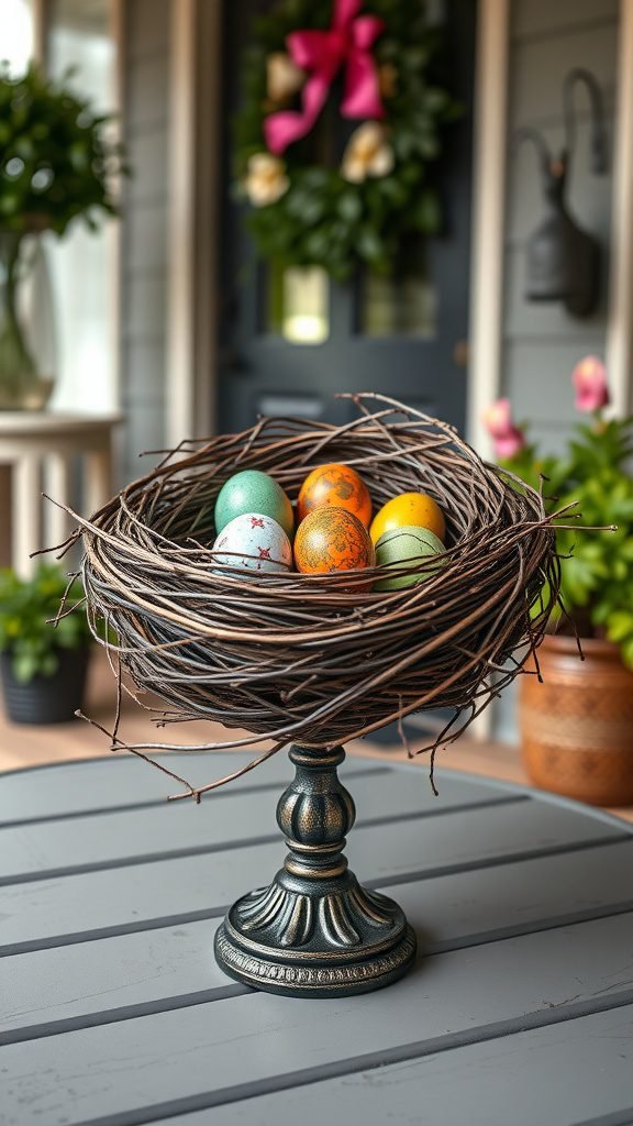A decorative bird's nest with colorful eggs on a porch table, surrounded by greenery.