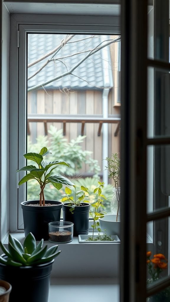 A window view of a kitchen garden with various potted plants in a black and white kitchen.