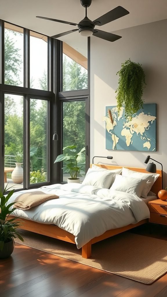 A bright, dark earthy bedroom with large windows, a wooden bed, and indoor plants, blending indoor and outdoor elements.