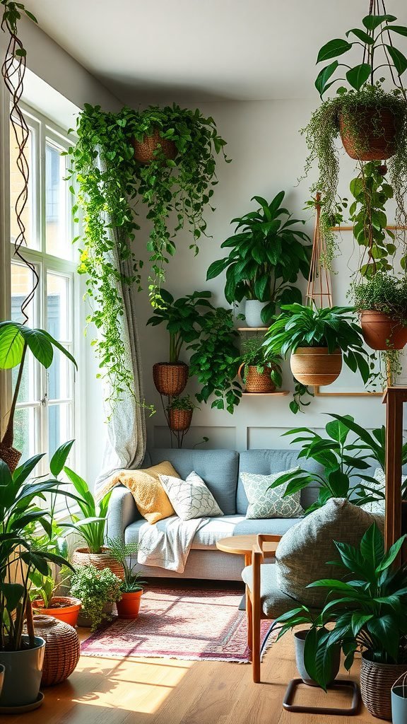 A cozy living room filled with various green plants, featuring a comfortable couch and bright sunlight streaming in.