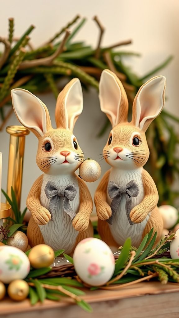 Two decorative bunnies with bows surrounded by Easter eggs and greenery.