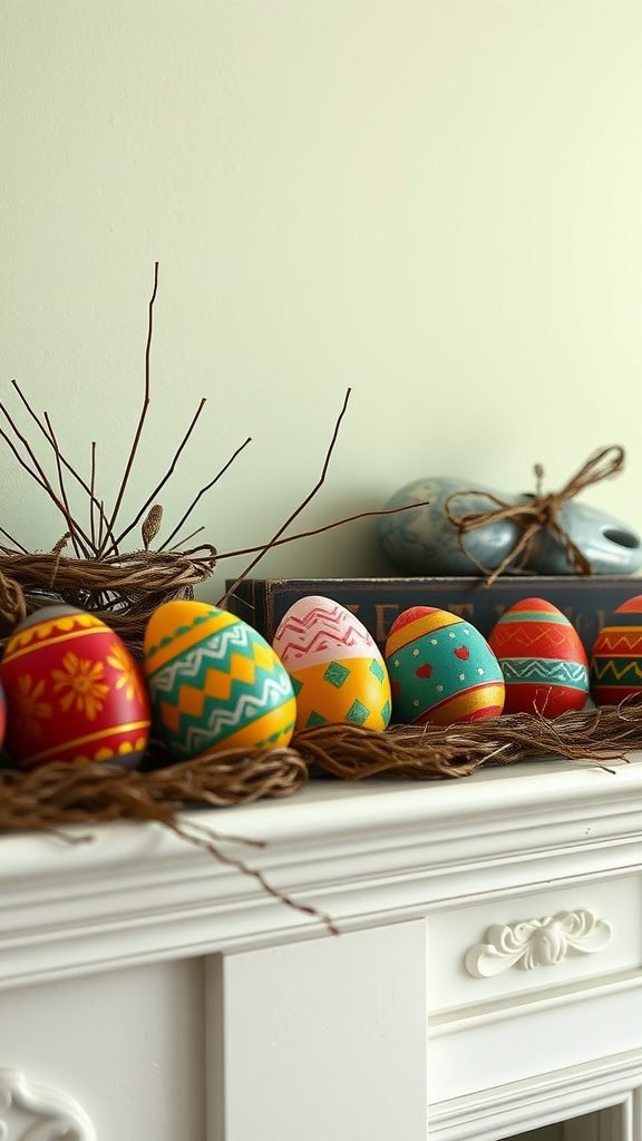 A display of brightly painted wooden eggs in vibrant colors, arranged on a white mantle with twigs and decorative stones.
