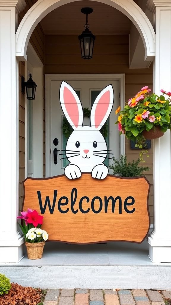 A large bunny-themed welcome sign on a porch with flowers