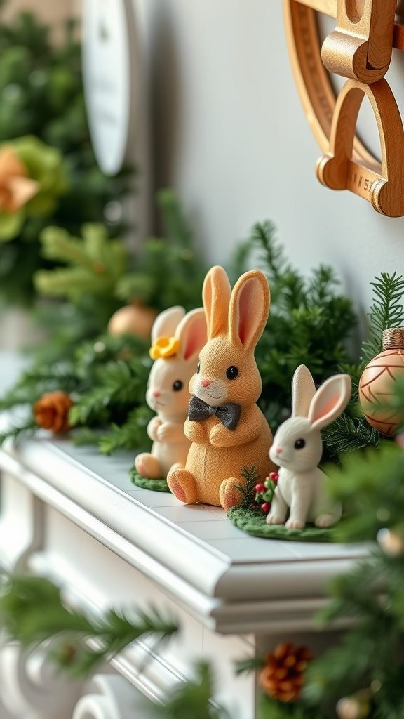 Three bunny figurines on a mantle surrounded by greenery and pinecones.