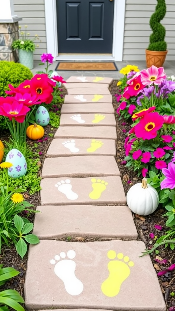 A pathway with stepping stones marked with bunny footprints, surrounded by colorful flowers and decorative elements for Easter.