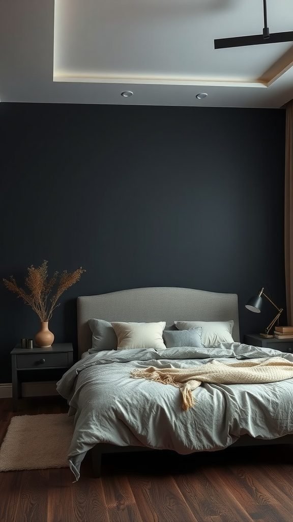 A dark earthy bedroom with a deep wall color, gray bedding, a cozy throw, and natural decor