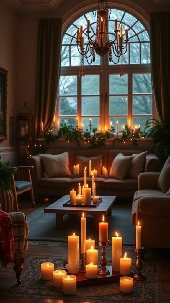 A cozy living room with multiple candles creating a warm glow, soft cushions on the couch, and plants by the window.