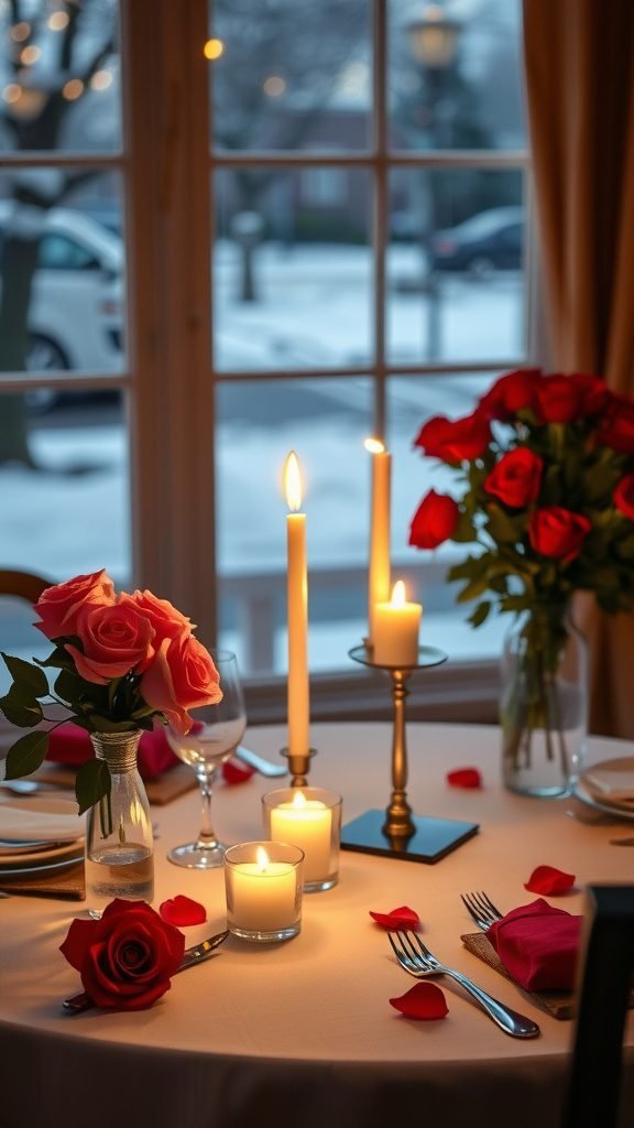 A romantic candlelit dinner table setting with roses and candles, framed by a snowy window view.