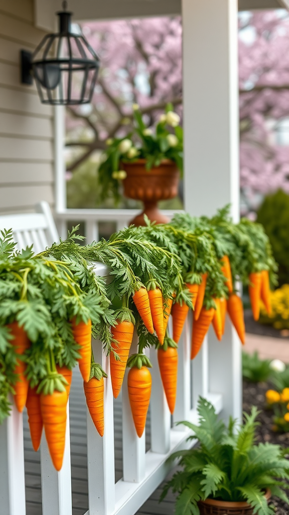 A bright carrot garland hanging on a porch railing, adding festive flair to Easter decor.