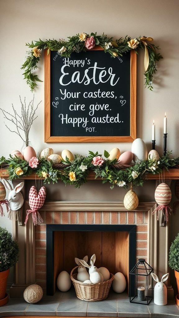 Chalkboard with Easter messages framed with greenery and flowers, surrounded by festive decorations on a mantle.