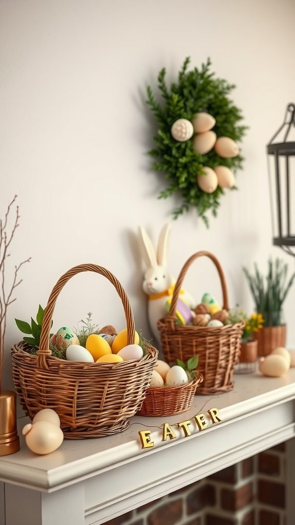 A decorated Easter mantle with baskets filled with colorful eggs, a bunny figure, and a wreath.