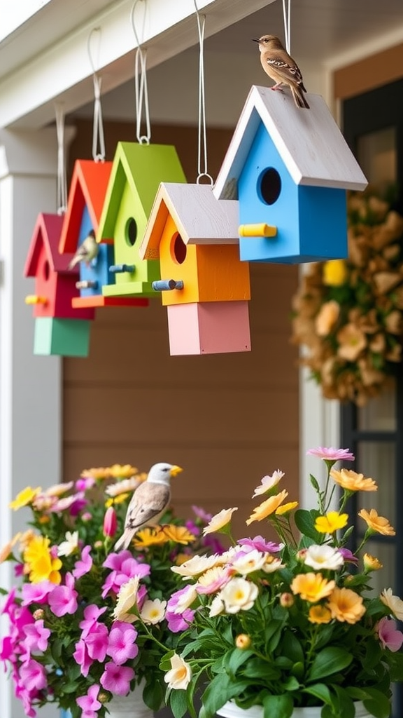 Colorful birdhouses hanging from a porch with birds flying around and flowers in the foreground.
