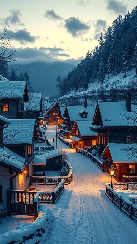 A charming snowy village with glowing windows and snow-covered pathways, perfect for a February wallpaper.