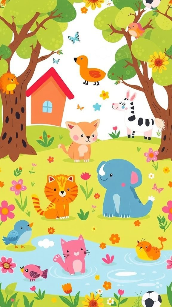 Colorful pattern with animals and flowers, perfect for children's wallpaper