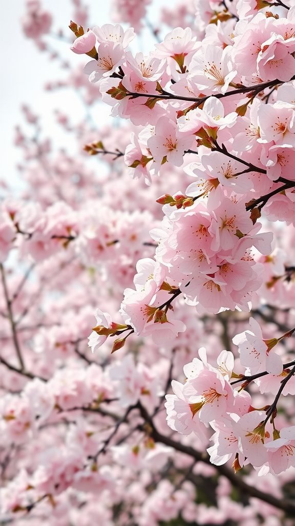 Close-up of blooming cherry blossoms in pink shades