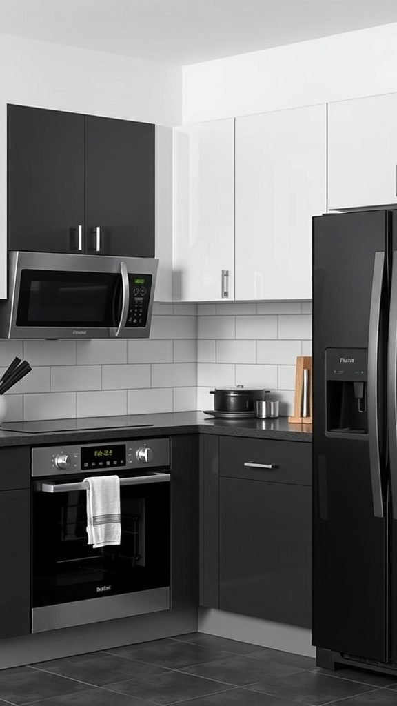 A modern black and white kitchen featuring black cabinetry, stainless steel appliances, and a sleek design.