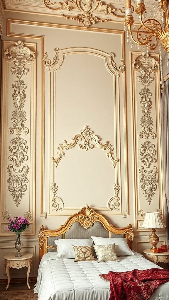 A beautifully decorated Rococo bedroom with ornate wall designs, a luxurious bed, and elegant furnishings.