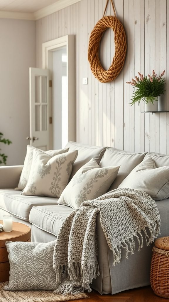 A cozy farmhouse living room featuring a light-colored sofa with decorative pillows and a knitted throw, complemented by a woven wreath and potted plant.