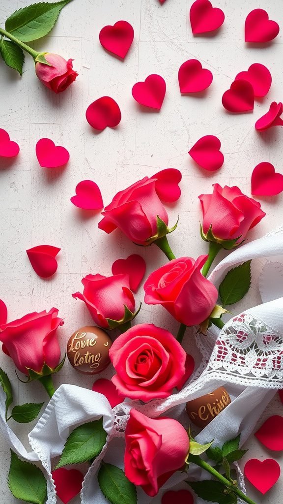 A layout of pink roses, small heart shapes, and chocolate treats on a white background, creating a romantic vibe.