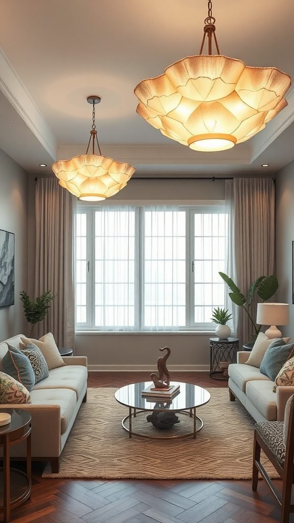 Coastal-inspired living room with soft pendant lighting and a warm atmosphere