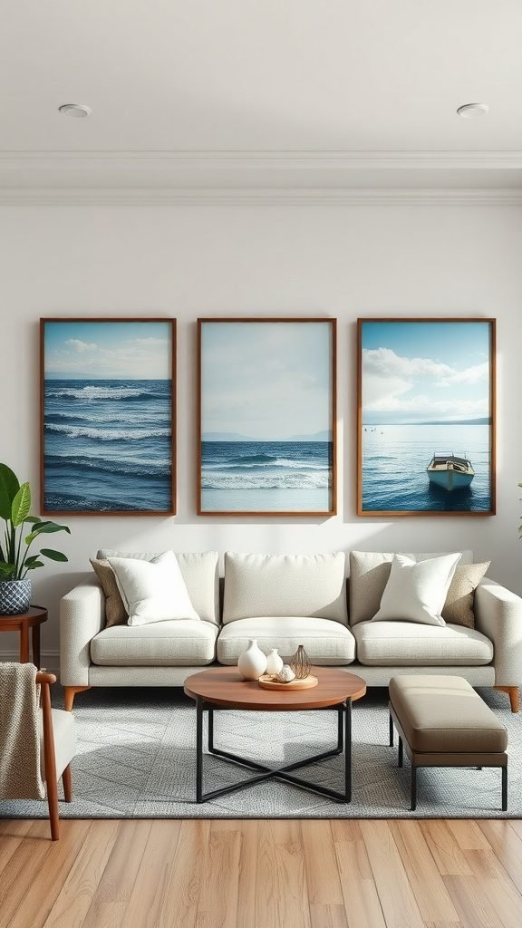 A cozy coastal living room featuring three large framed ocean paintings above a light sofa, complemented by a round wooden coffee table.