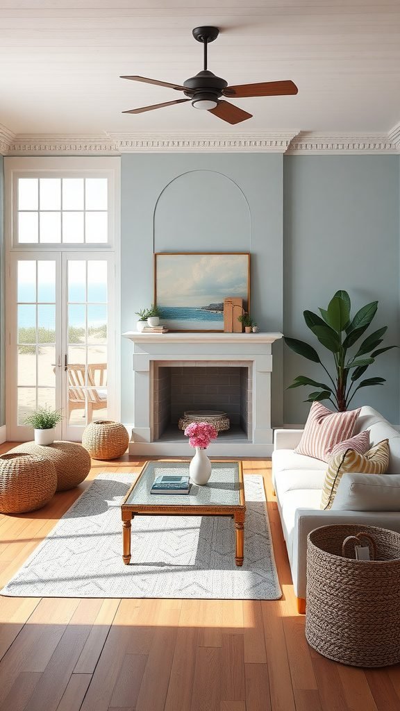 A bright coastal living room with soft blue walls, light wooden floors, and a cozy white sofa.