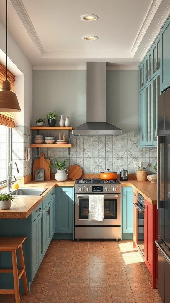 A cozy kitchen featuring blue cabinets, a red accent, natural light, and decorative plants.