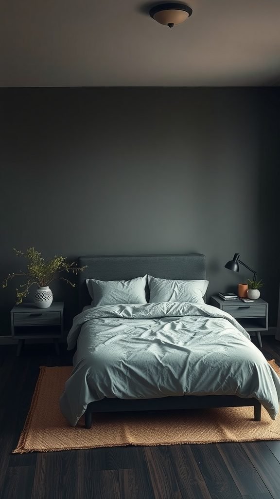 A dark earthy bedroom featuring muted tones, soft bedding, and natural accents.