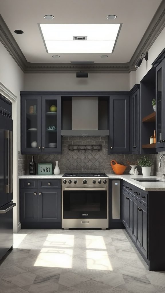 A stylish modern kitchen with navy cabinets, bright overhead lighting, and a mix of textures.