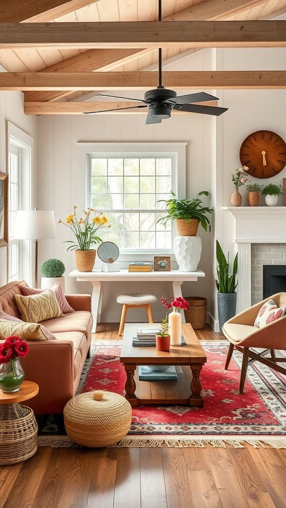 A cozy farmhouse living room with colorful accents, including a peach sofa, red area rug, and various plants.