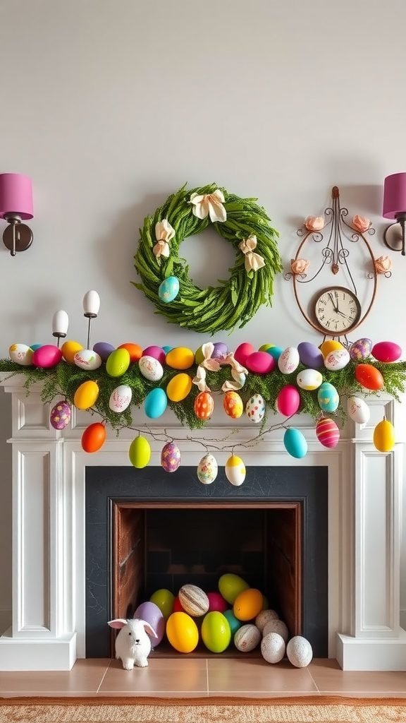 Easter mantle decor featuring a colorful egg garland, a green wreath with ribbons, and a small bunny figurine.