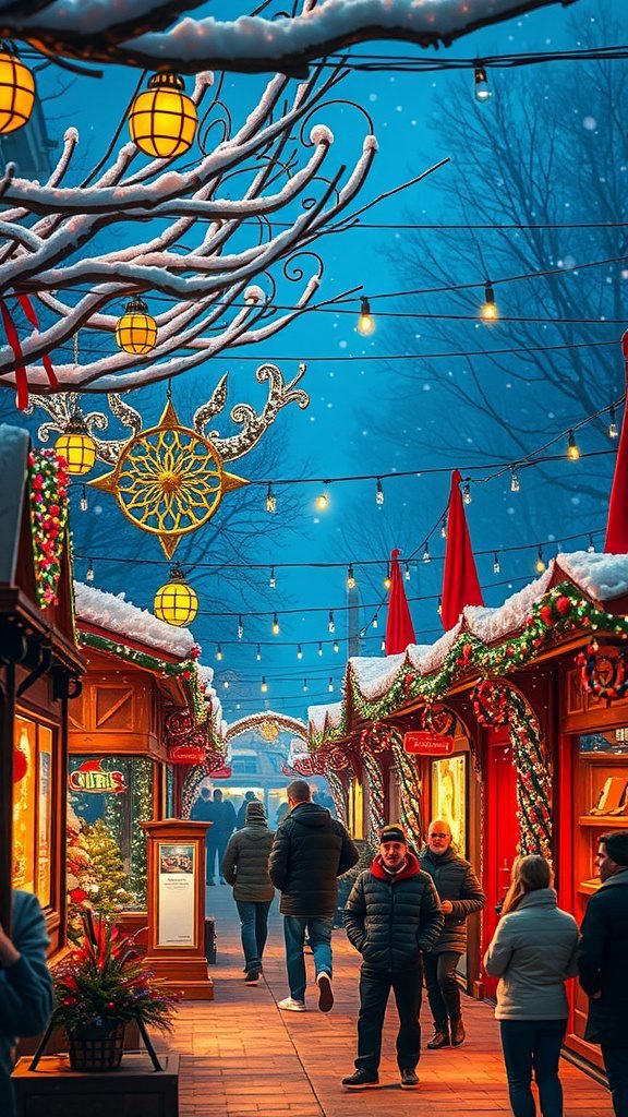 A snowy festival scene with lights, decorations, and people walking through festive stalls. February Wallpaper