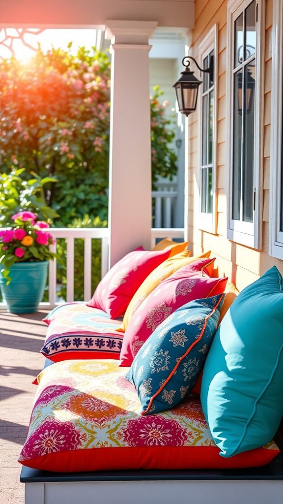 Colorful outdoor cushions on a porch with floral surroundings