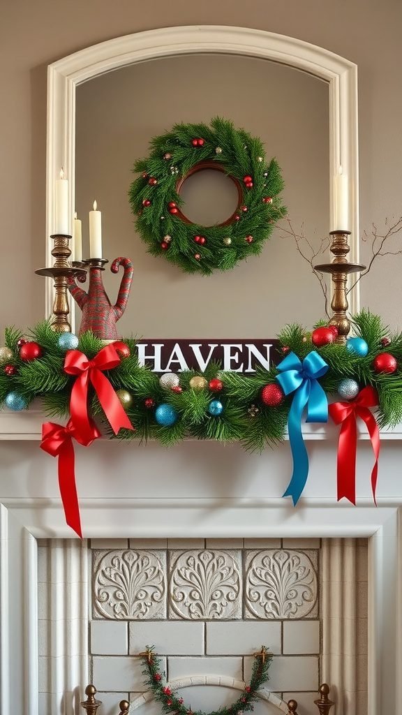 A colorful Easter mantle decor featuring vibrant ribbons, greenery, and a wreath.