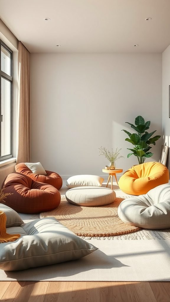 A cozy goblincore living room featuring various comfortable floor cushions in earthy tones, a small side table, and a plant.