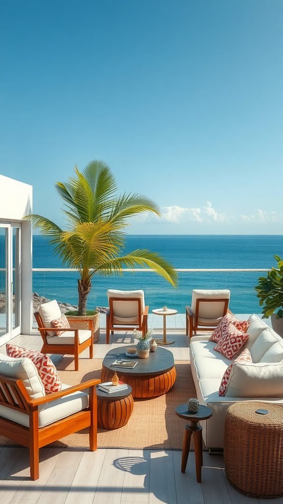 Coastal living room with comfortable lounge seating, ocean view, and vibrant decor.