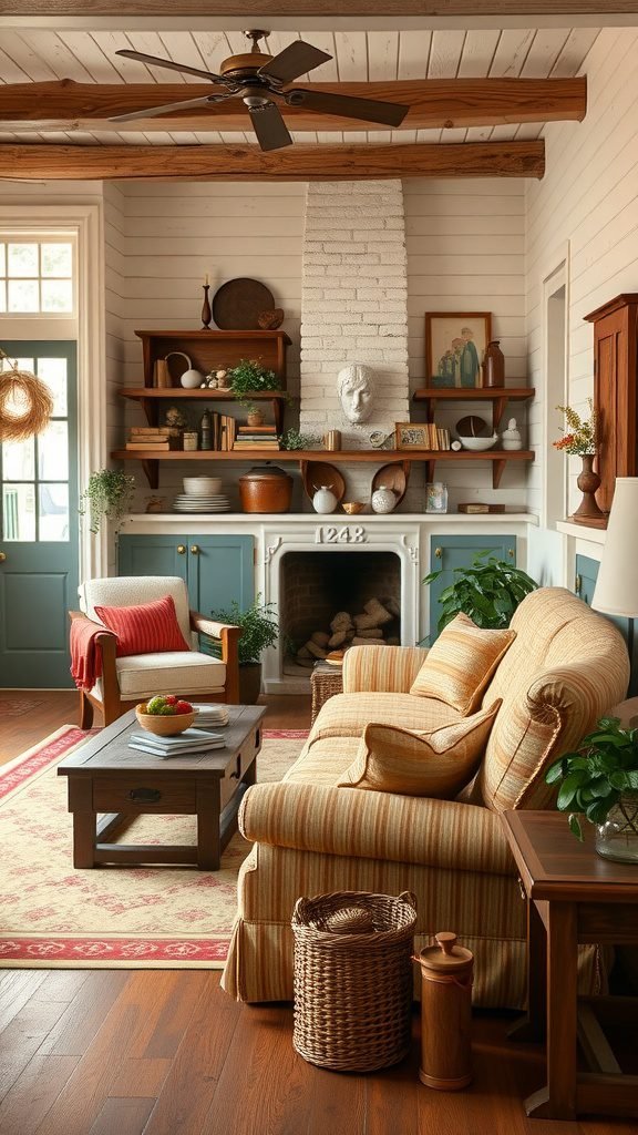 A cozy farmhouse living room with a large striped sofa, a red accent chair, wooden coffee table, and decorative shelves.