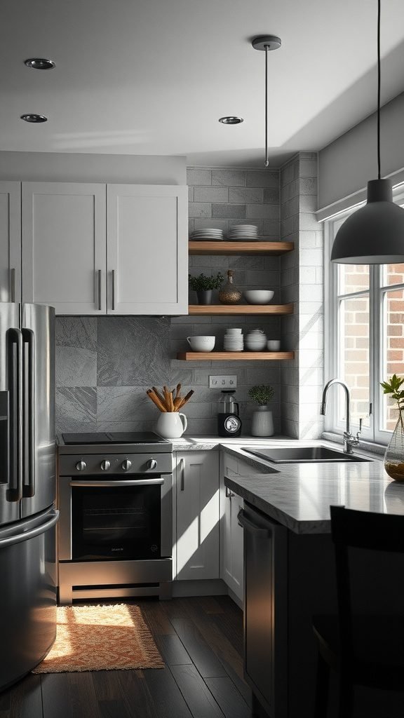 A modern kitchen featuring gray walls, marble countertops, open shelving with dishware, and natural lighting.