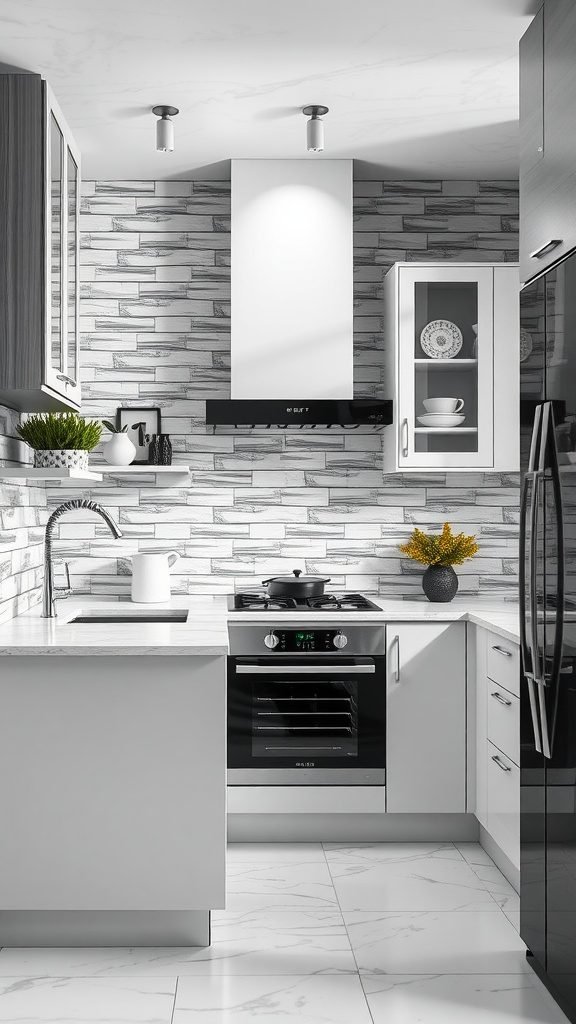 A modern black and white kitchen featuring patterned tiles, sleek cabinetry, and stylish appliances