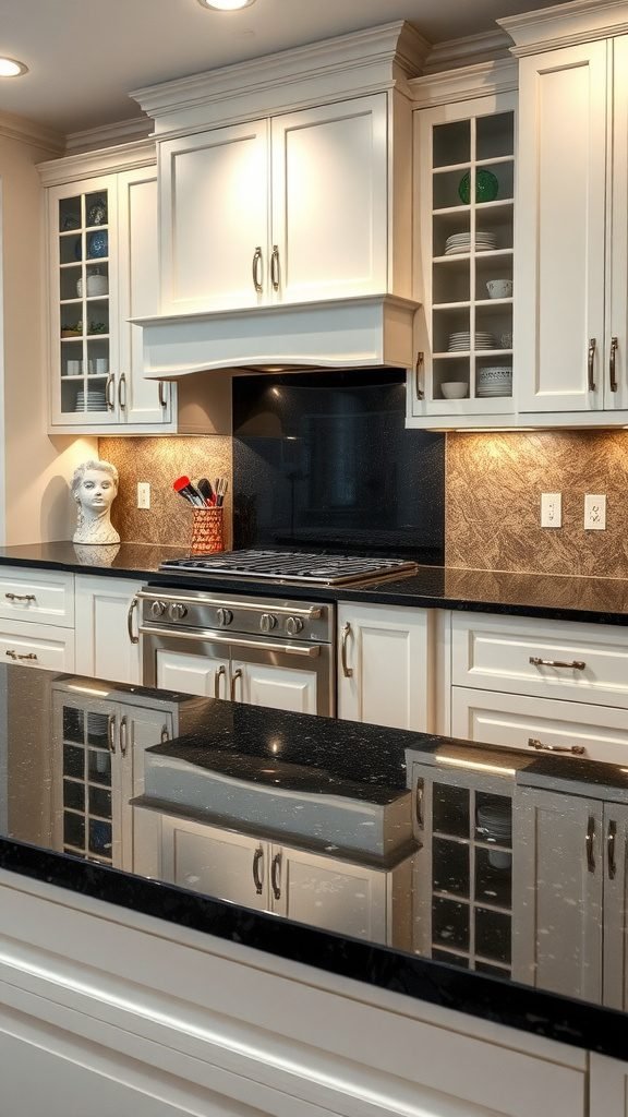Black and white elegant kitchen with glossy black countertops and white cabinetry