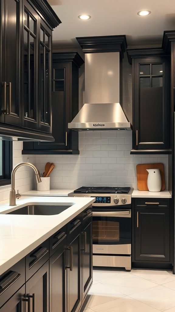 A modern kitchen with dark cabinets, stainless steel appliances, and a light countertop.