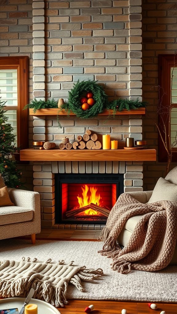 A cozy living room with a fireplace, decorated with a wreath and candles, showcasing a warm and inviting atmosphere.
