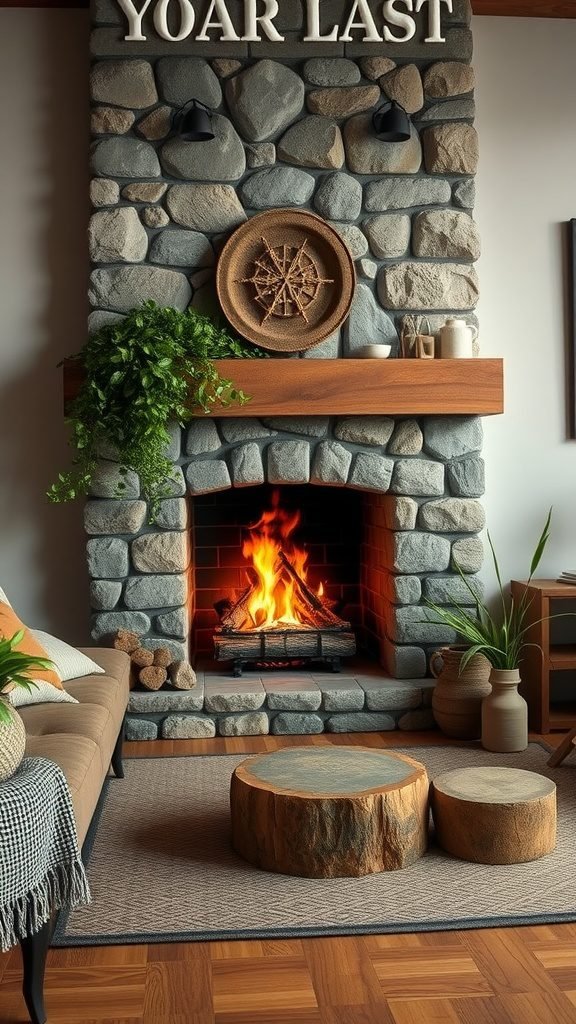 Cozy living room with a stone fireplace, natural wood accents, and indoor plants
