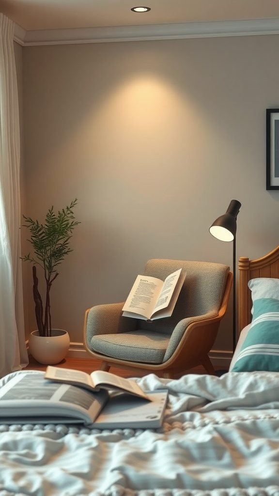 Cozy reading nook in a dark earthy bedroom with a comfortable chair, lamp, and open book.