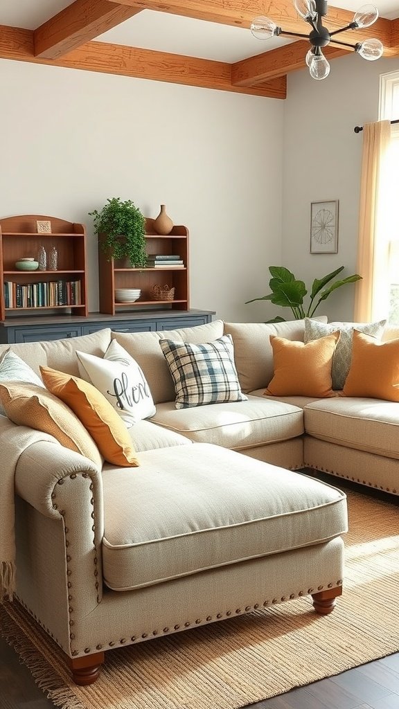 Cozy living room with sectional sofa and rustic accents