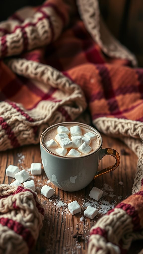 A cup of hot chocolate with marshmallows surrounded by a cozy knitted blanket