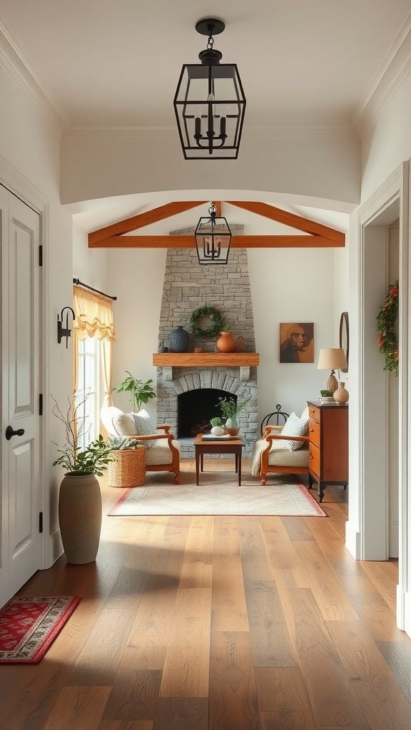 A cozy farmhouse entryway with seating, stone fireplace, and wooden beams.