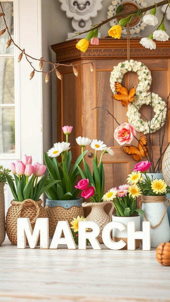 Decorative March setup with flowers and letters spelling 'MARCH'. March Wallpapers