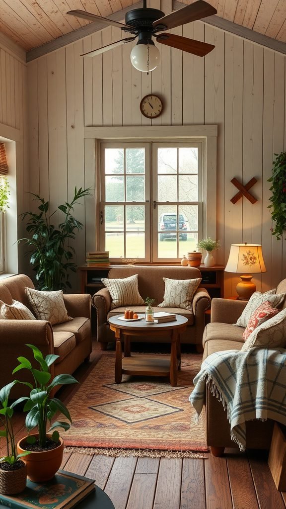 Cozy farmhouse living room with brown sofas and a central coffee table, perfect for a family game area.
