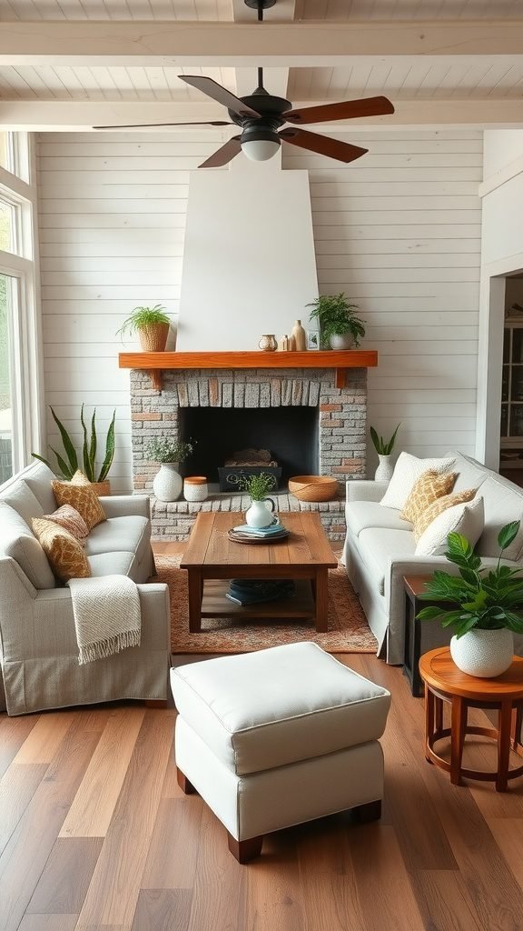 Cozy farmhouse living room with soft couches, a rustic coffee table, and plants by the fireplace.